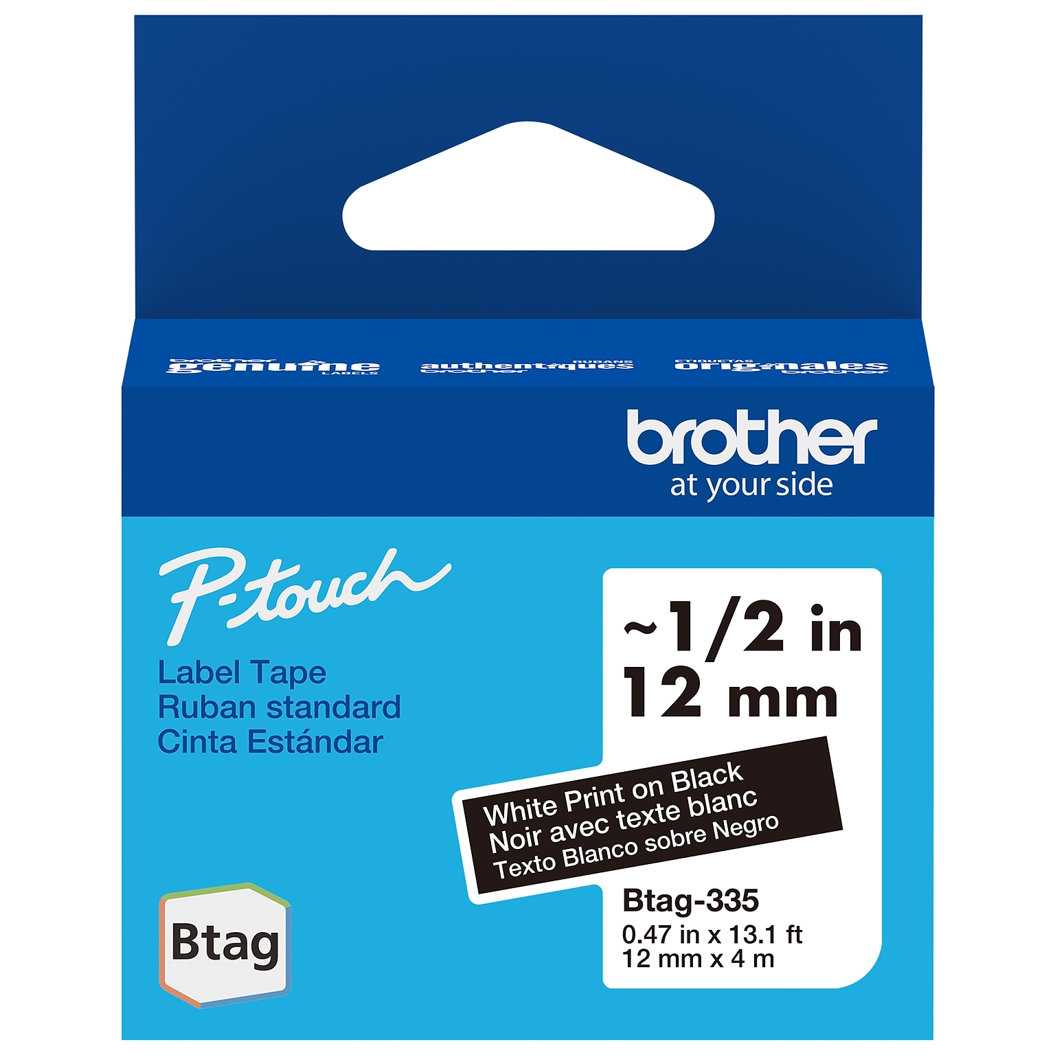 Brother P-touch Btag Label Tape, 1/2 x 13.1 (12mm x 4m), White on Black (BTAG335)