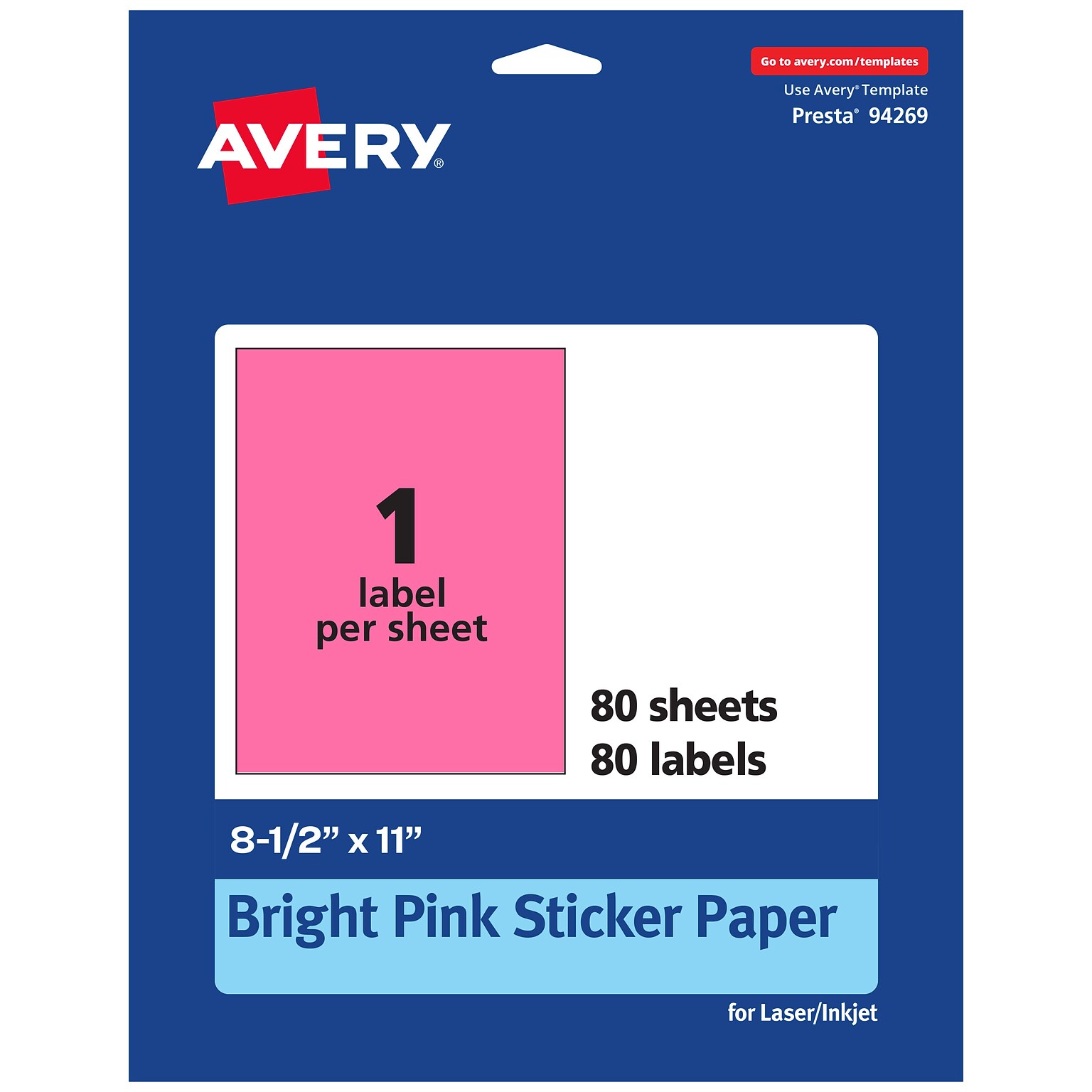 Avery Laser/Inkjet Rectangle Multipurpose Labels, 8.5 x 11, Bright Pink, 80/Box (94269)