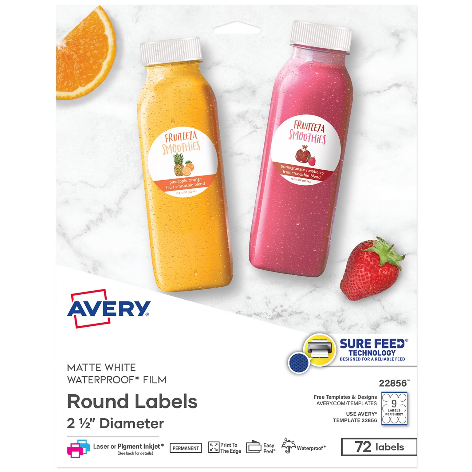 Avery Waterproof Laser/Inkjet Round Labels, 2 1/2 Dia, White, 72 Labels/Pack (22856)
