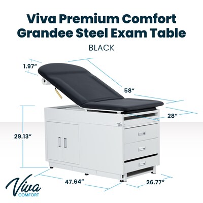Viva Comfort Adjustable Exam Table with Stirrups & Storage, 500 lbs. Capacity, Black (ADI996-09-SSU2-BLK-MK)
