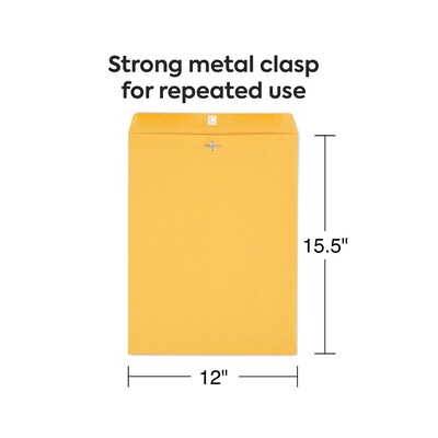 Staples 12 x 15.5 Clasp & Moistenable Glue Kraft Catalog Envelopes, Brown, Heavy-Duty Mailing Envelopes for Documents, 100/Box