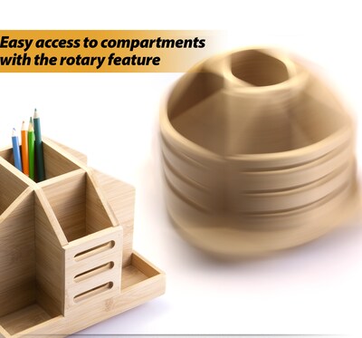 Officemate Bamboo Desk Accessories 9-Compartment Rotating Wood Desk Organizer, Natural Wood Grain (71007)