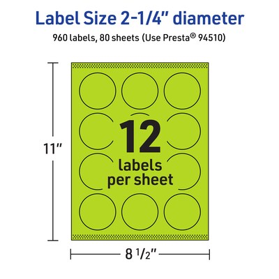 Avery Laser/Inkjet Multipurpose Circle Labels, 2.25" Dia., Bright Green, 960/Box (94510)