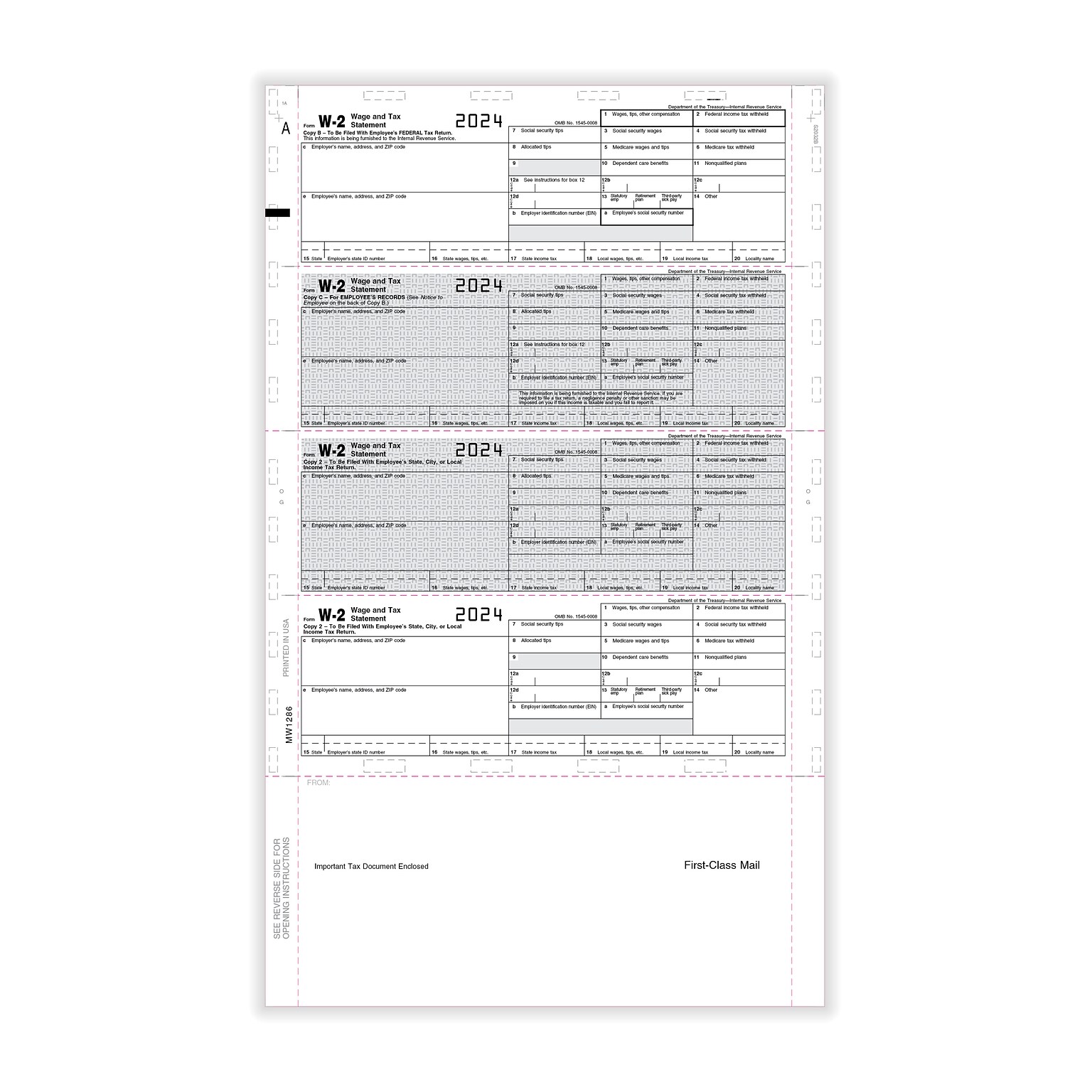 ComplyRight W-2 Tax Form, Horizontal, Pressure-Seal, 4-U, 500/Pack (5228)