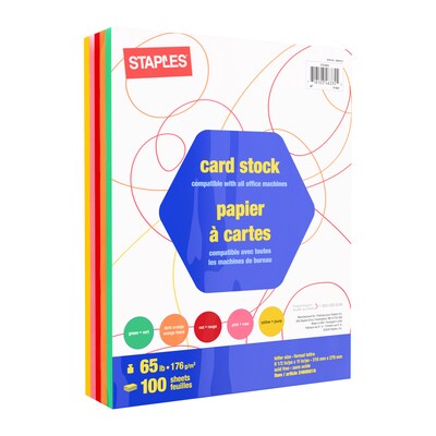 Staples 65 lb. Cardstock Paper, 8.5 x 11, Basic Brights Assorted, 100 Sheets/Pack (92105)