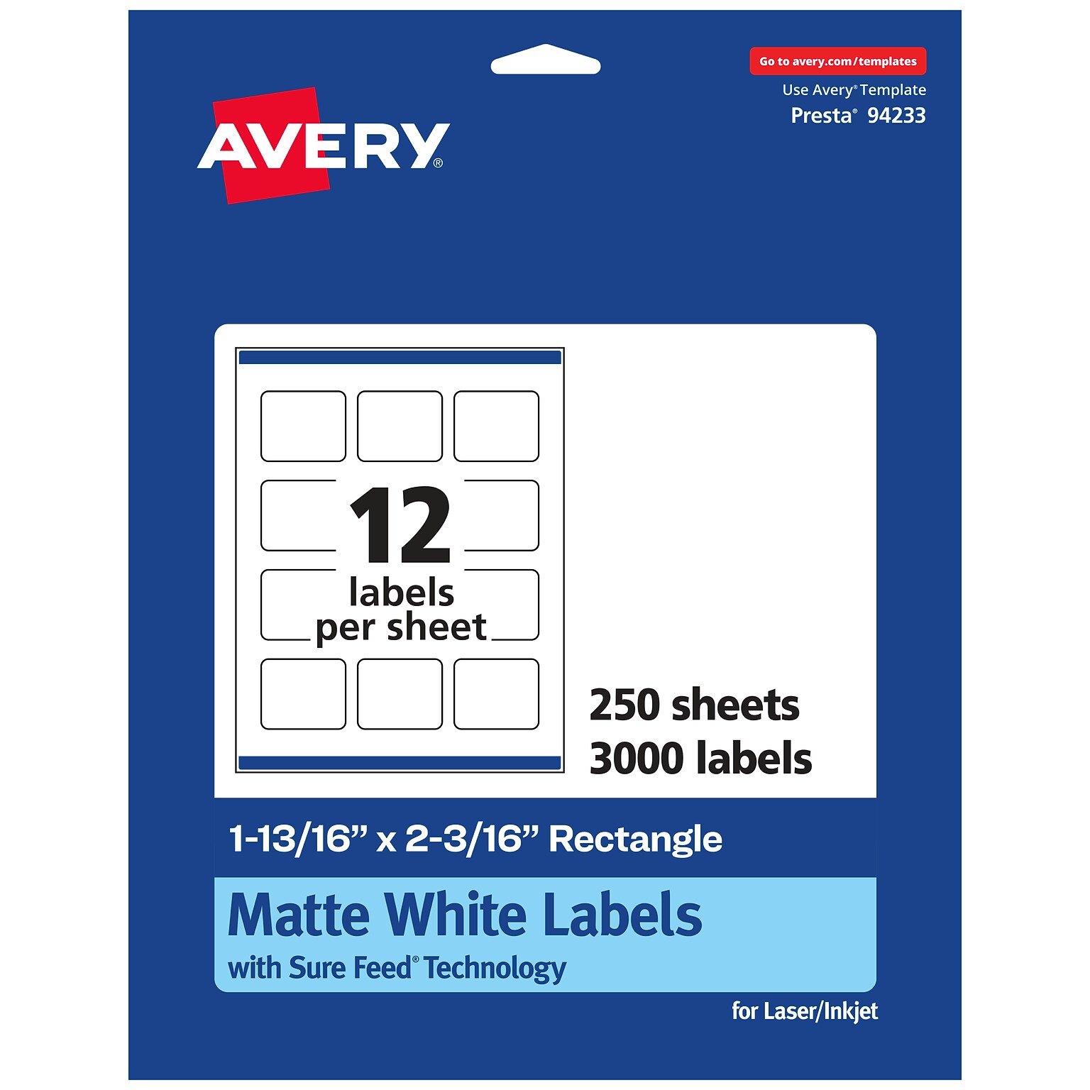 Avery Laser/Inkjet Multipurpose Labels, 2.1875  x 1.8125, Matte White, 3000/Box (94233)