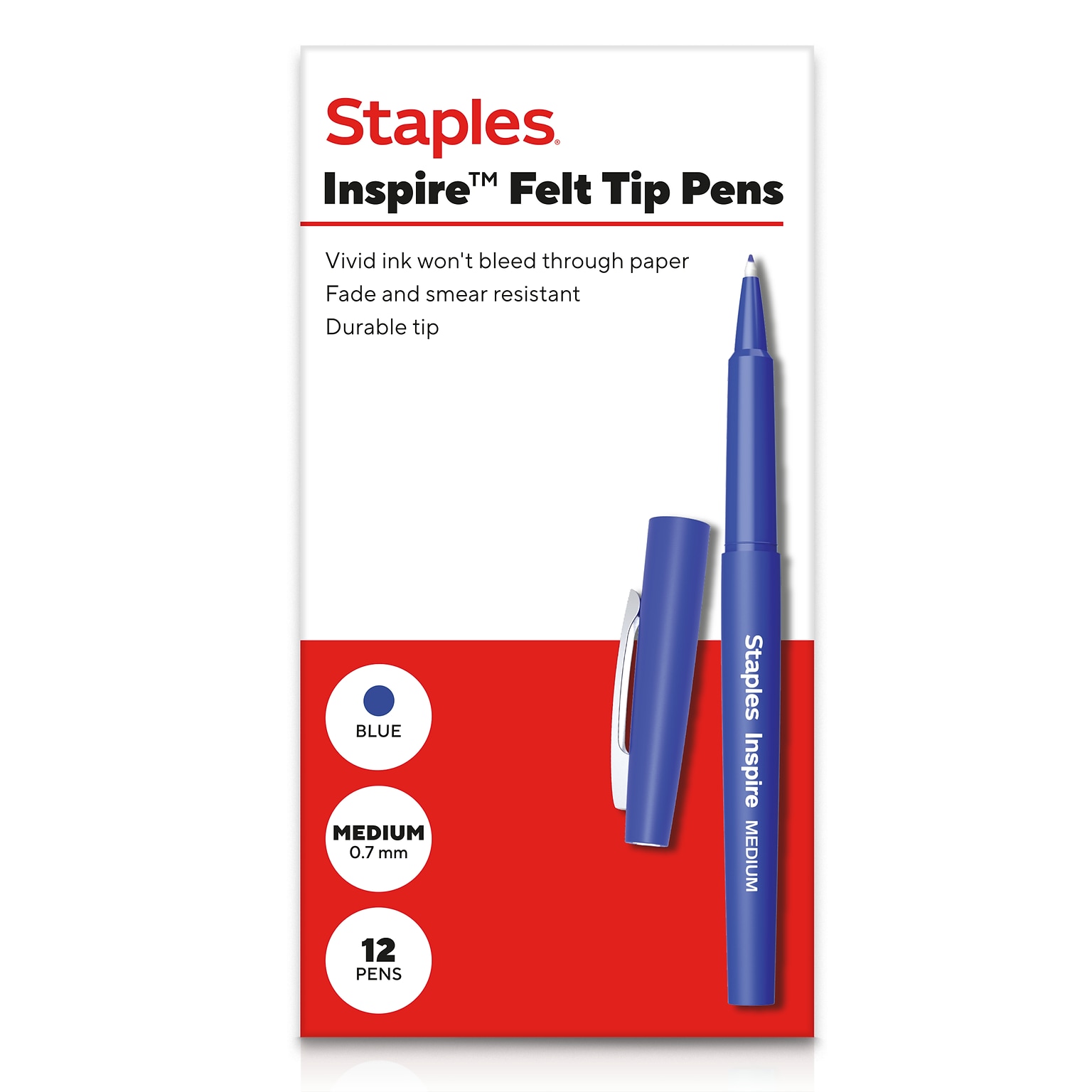 Staples Inspire Felt Tip Pen, Medium Point, 0.7mm, Blue Ink, Dozen (ST63327)