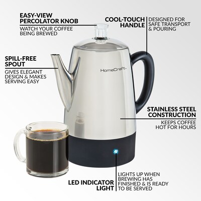 HomeCraft HCPC10SS 10-Cups Stainless Steel Coffee Percolator, Silver/Black