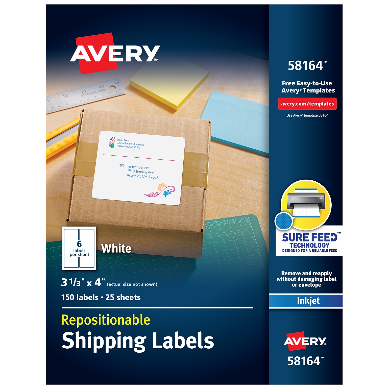 Avery Repositionable Inkjet Shipping Labels, 3-1/3 x 4, White, 6 Labels/Sheet, 25 Sheets/Box (58164)