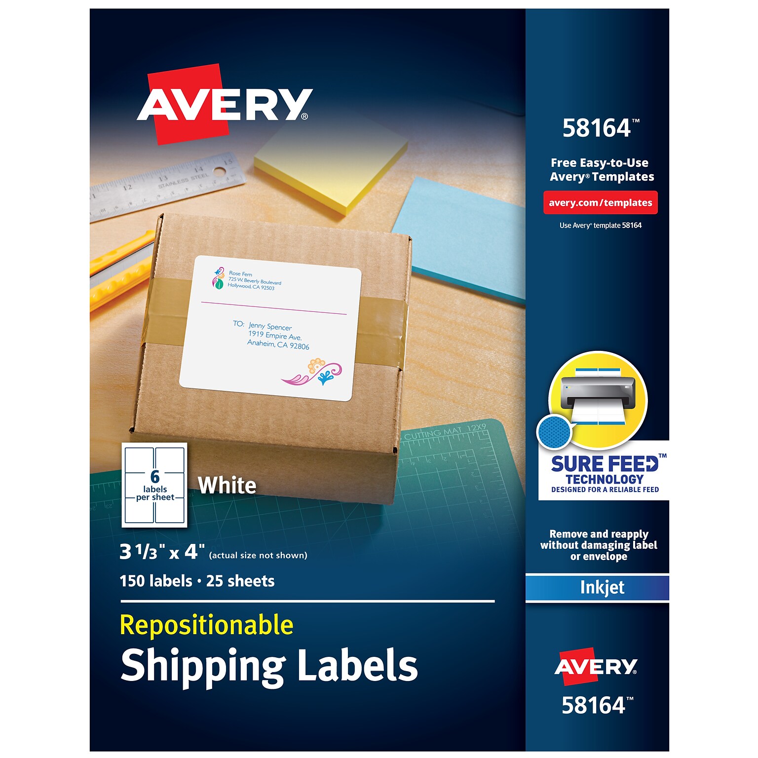 Avery Repositionable Inkjet Shipping Labels, 3-1/3 x 4, White, 150 Labels/Pack (58164)