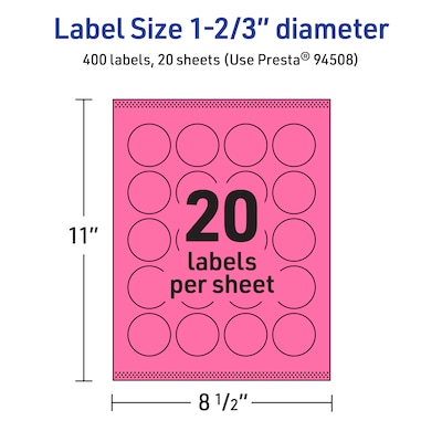 Avery Round Laser/Inkjet Multipurpose Labels, 1-2/3" Dia, Bright Pink (400/Pack)