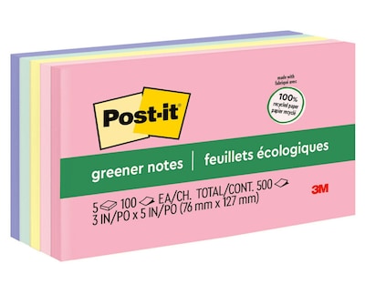 Post-it Greener Recycled Notes, 3 x 5, Sweet Sprinkles Collection, 100 Sheet/Pad, 5 Pads/Pack (655