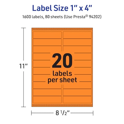 Avery Rectangle Laser/Inkjet Multipurpose Labels, 1" x 4", Bright Orange (1600/Box)