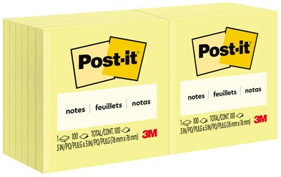 Post-it Notes, 3 x 3, Canary Yellow, 100 Sheets/Pad, 12 Pads/Pack (654-12YW)