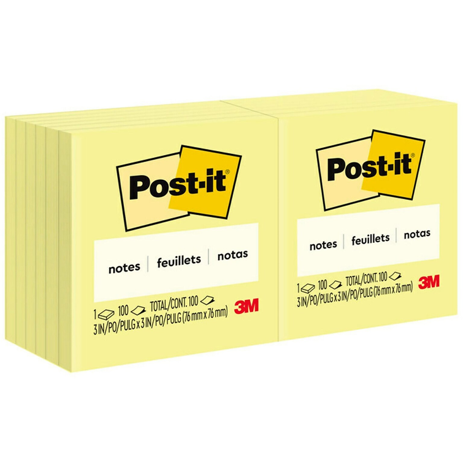 Post-it Notes, 3 x 3, Canary Yellow, 100 Sheets/Pad, 12 Pads/Pack (654-12YW)