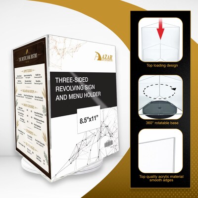 Azar Displays 8.5" x 11" Three-Sided Revolving Sign and Menu Holder, TopLoading, White Acrylic (193732-WHT)