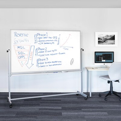 Luxor Double Sided Magnetic Porcelain Mobile Dry-Erase Whiteboard Easel, Aluminum Frame, 72W x 40H