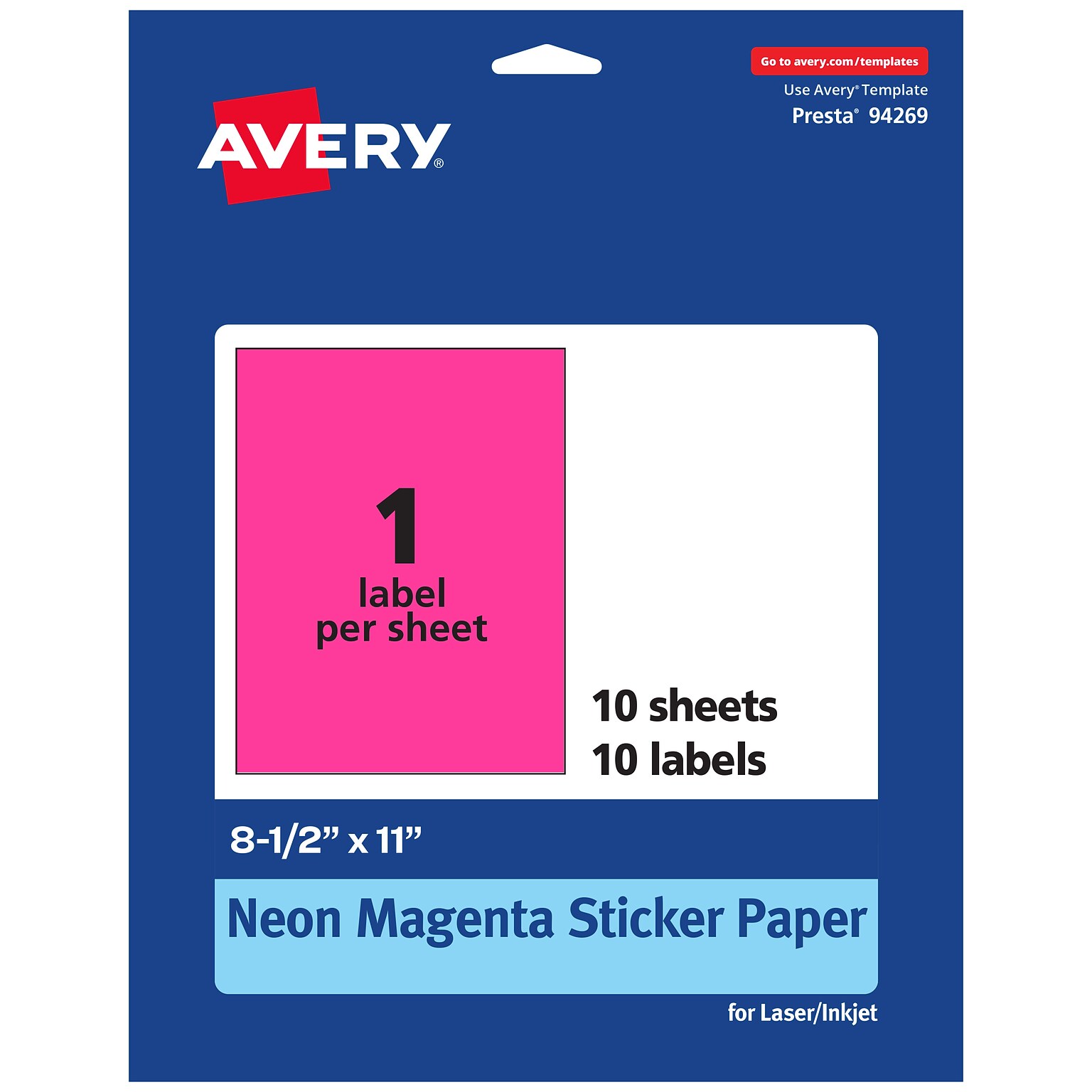Avery Laser/Inkjet Rectangle Multipurpose Labels, 8.5 x 11, Neon Magenta, 10/Pack (94269)