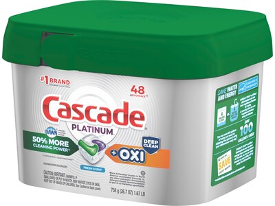 Cascade Platinum ActionPacs + Oxi Dishwashing Detergent Pods, Fresh Scent, 48 Pods/Box (3700027425)