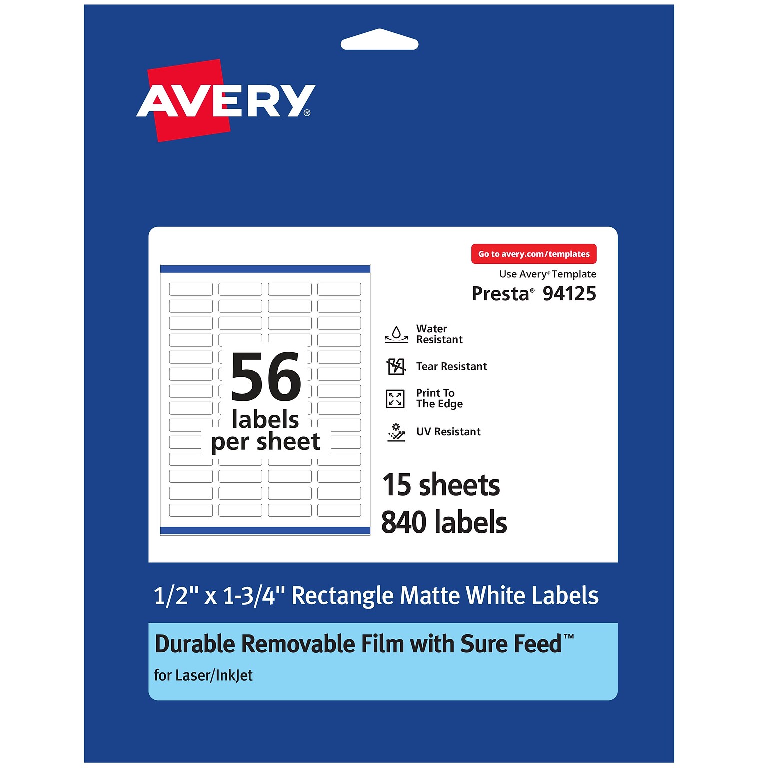 Avery Durable Removable Rectangle Multipurpose Labels, 0.5 x 1.75, White, 840/Pack (94125)