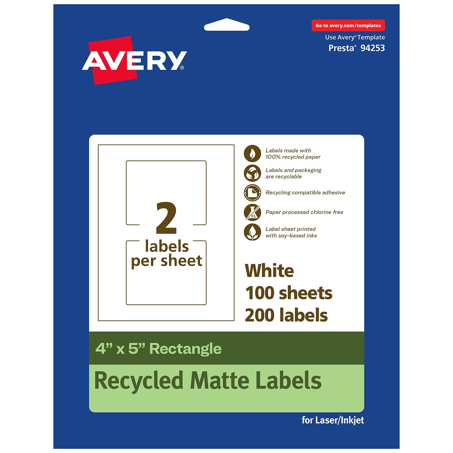 Avery EcoFriendly Laser/Inkjet Rectangle Multipurpose Labels, 4 x 5, White, 200/Box (94253)