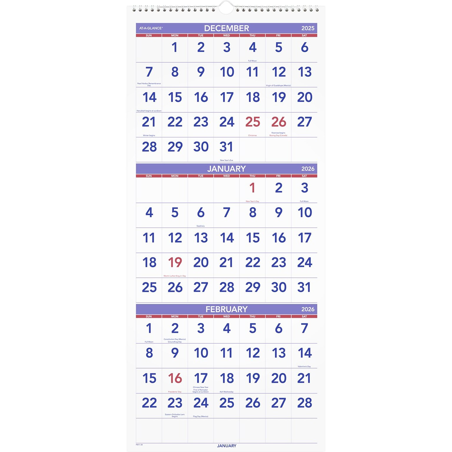 2026 AT-A-GLANCE 12 x 27 Three-Month Wall Calendar, White/Purple (PM11-28-26)