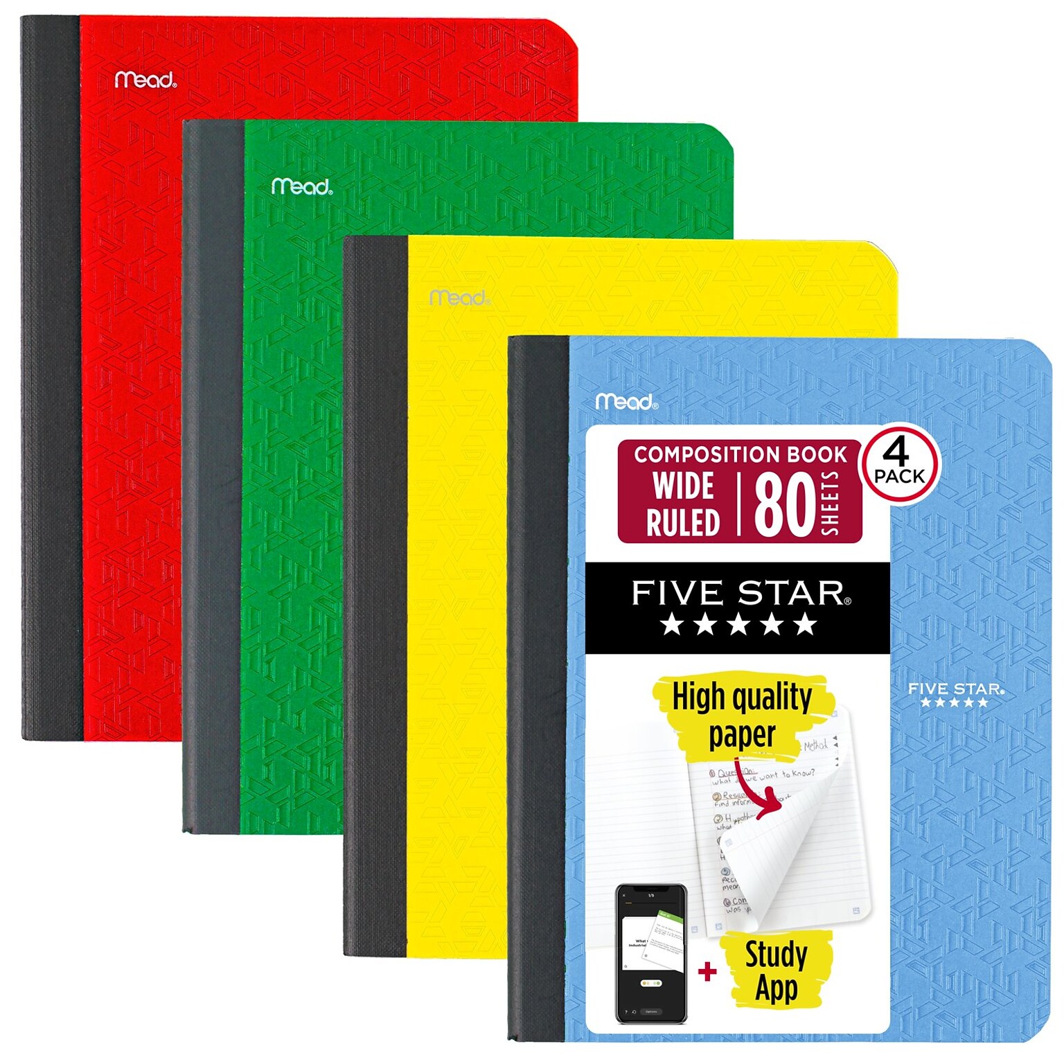 Five Star Composition Book Plus Study App, Wide Ruled, 80 Sheets, 7.5 x 9.75, 4 Pack, Assorted Colors (950033B)