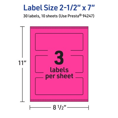 Avery Rectangle Laser/Inkjet Multipurpose Labels, 2.5" x 7", Neon Magenta (30/Pack)