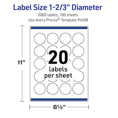 Avery Round Laser Multipurpose Labels, 1-2/3" Dia., White, 2000/Box (19479399435)