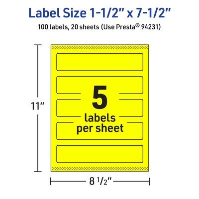 Avery Laser/Inkjet Rectangle Multipurpose Labels, 1.5" x 7.5", Neon Yellow, 100/Pack (94231)