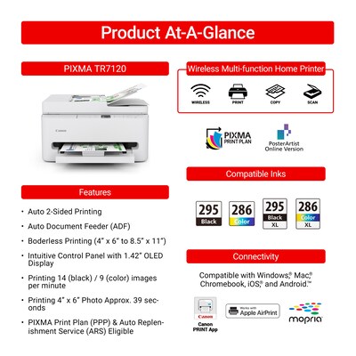 Canon PIXMA TR7120 Wireless Color All-In-One Inkjet Printer, Best for Home Office (7178C002)