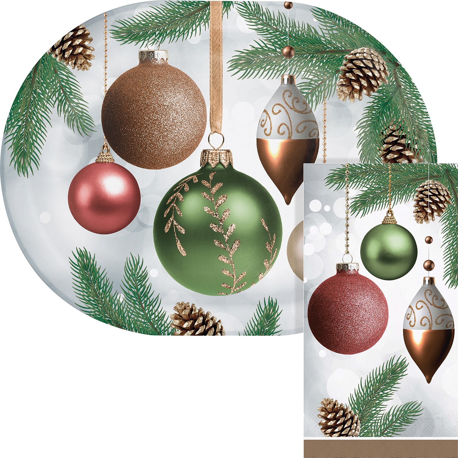 Creative Converting Dazzling Ornaments Christmas Paper Oval Plates and Guest Towel Set, Serves 16 (DTC9034E2H)
