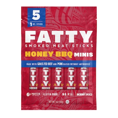 FATTY Minis Honey BBQ Smoked Beef Meat Stick, 1 oz., 5 Sticks/Bag, 8 Bags/Case (GOV15928)