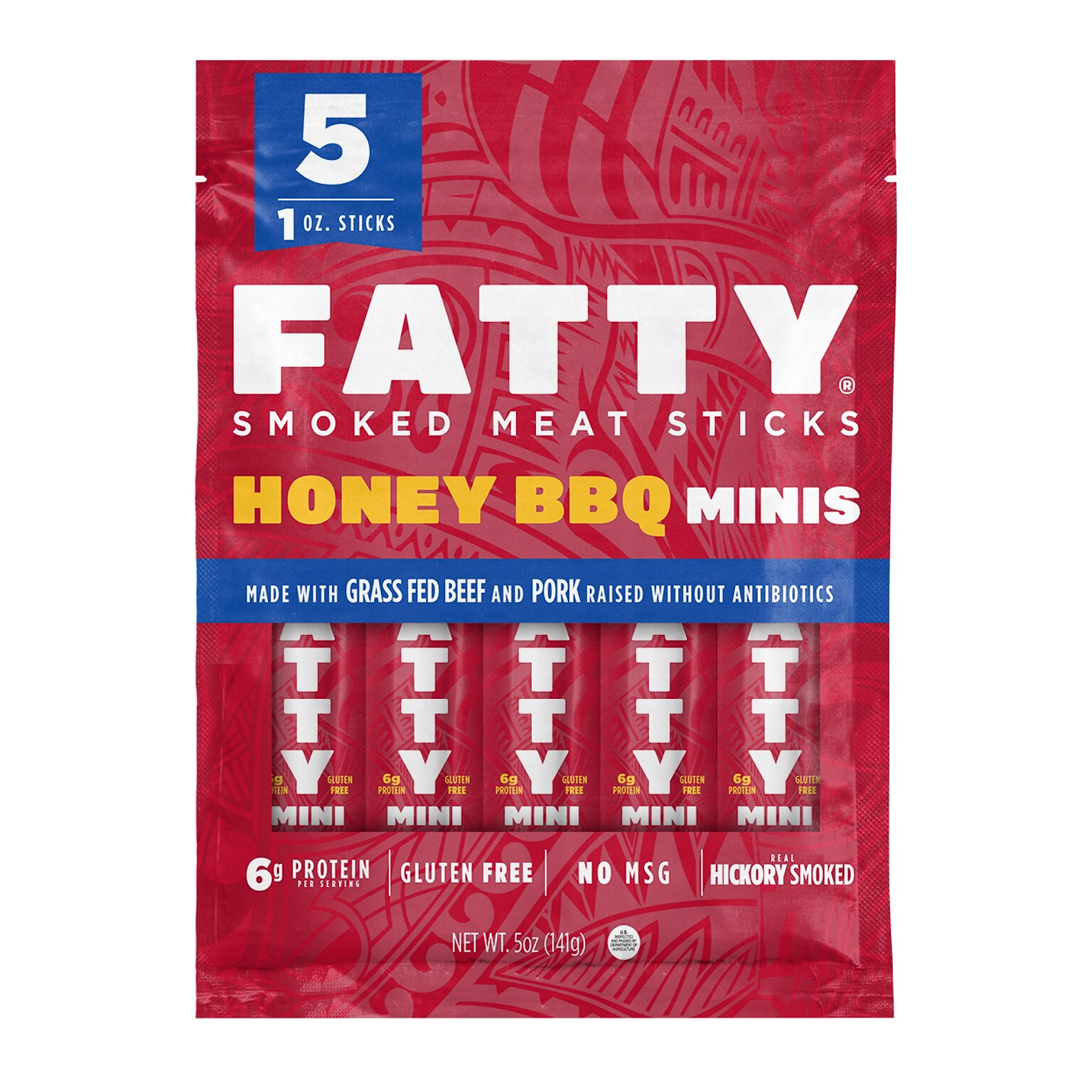 FATTY Minis Honey BBQ Smoked Beef Meat Stick, 1 oz., 5 Sticks/Bag, 8 Bags/Case (GOV15928)