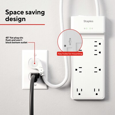 Staples TECH 8-Outlet Surge Protector, 6', 4500 Joules, White (ST62783)