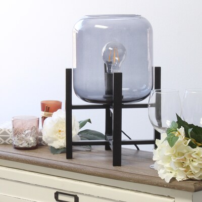 Simple Designs Black Wood Mounted Table Lamp with Smokey Glass Cylinder Shade (LT1068-SMK)