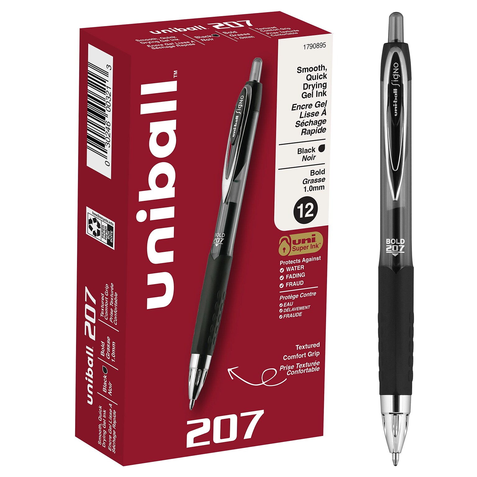 uni-ball 207 Retractable Gel Pens, Bold Point, 1.0mm, Black Ink, Dozen (1790895)