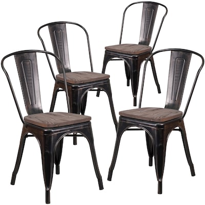 Flash Furniture Luke Contemporary Metal/Wood Stackable Dining Chair, Black-Antique Gold, 4/Pack (4CH