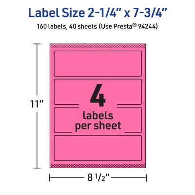 Avery Rectangle Laser/Inkjet Multipurpose Labels, 2.25" x 7.75", Bright Pink (160/Box)
