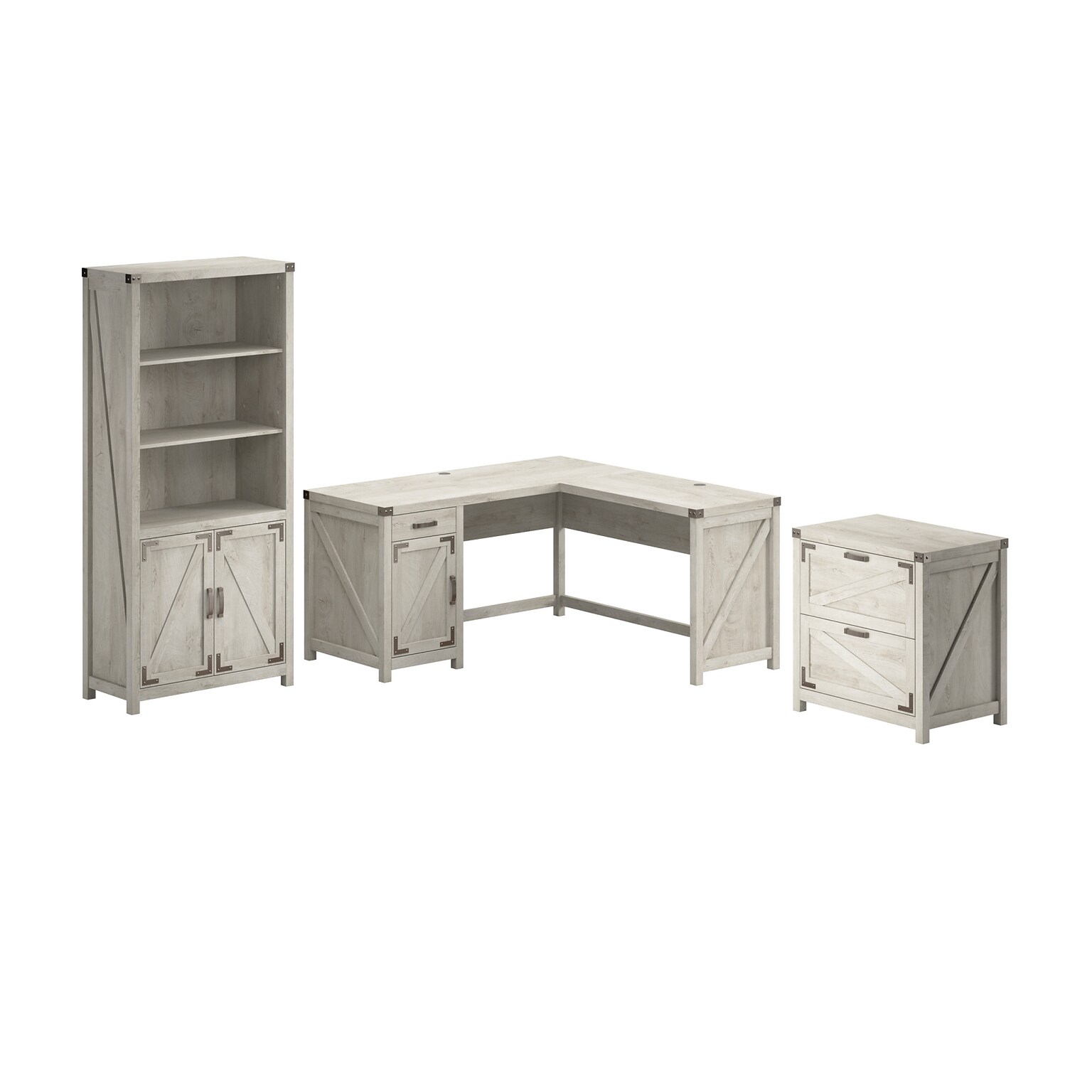 Bush Furniture Knoxville 60W L Shaped Desk with Lateral File Cabinet and 5 Shelf Bookcase, Cottage White (CGR005CWH)
