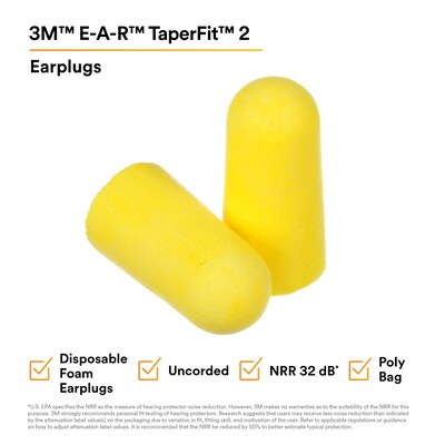 3M E-A-R TaperFit Uncorded Earplugs, 32 dB, Yellow, 200/Box (312-1219)