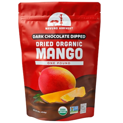 Mavuno Harvest Organic Dried Mango Dipped in Dark Chocolate Fruit Snacks, 1 lb. Bag (MAHW-CMNG1LB)