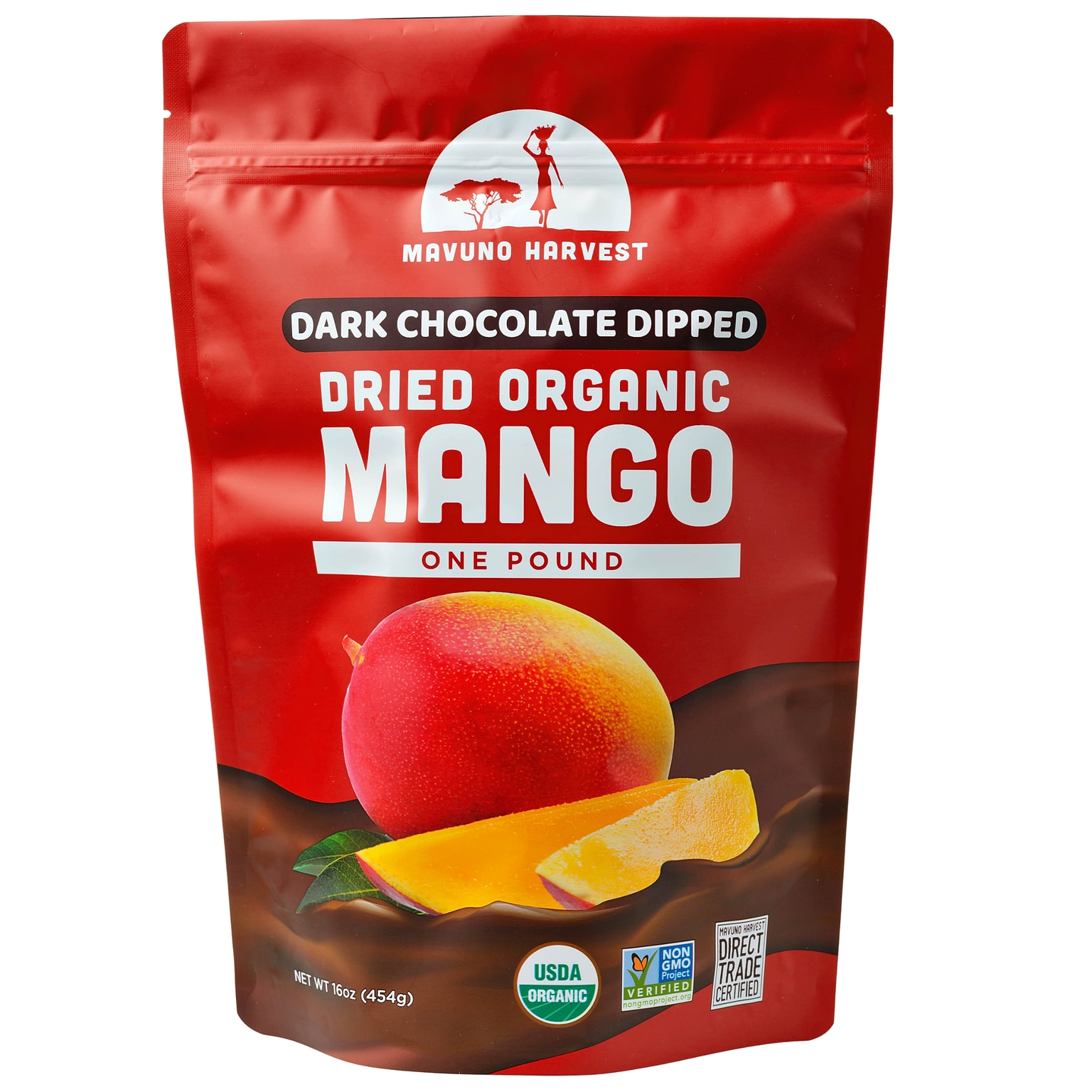 Mavuno Harvest Organic Dried Mango Dipped in Dark Chocolate Fruit Snacks, 1 lb. Bag (MAHW-CMNG1LB)