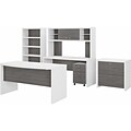 Bush Business Furniture Echo 60W Bow Front Desk, Credenza w/ Hutch, Bookcase and File Cab, Pure Whi