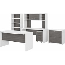 Bush Business Furniture Echo 60W Bow Front Desk, Credenza w/ Hutch, Bookcase and File Cab, Pure Whi