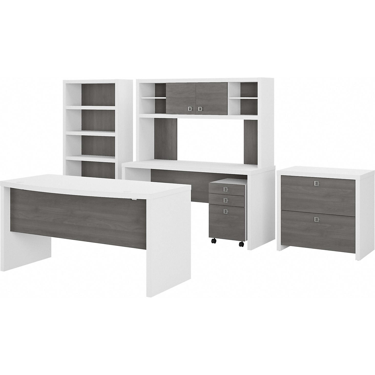 Bush Business Furniture Echo 60W Bow Front Desk, Credenza w/ Hutch, Bookcase and File Cab, Pure White/Modern Gray (ECH029WHMG)