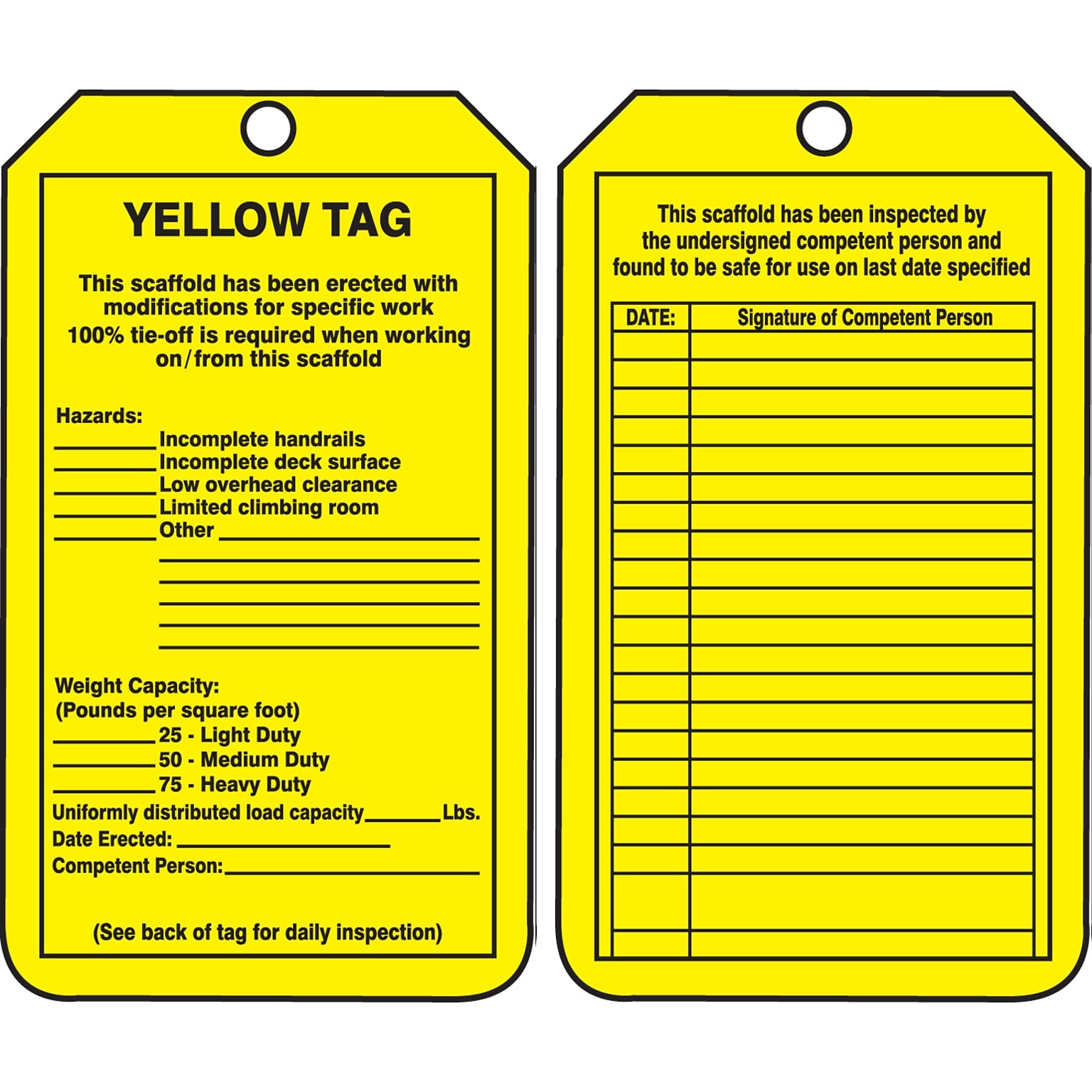 Accuform PF-Cardstock 5.75x3.25 Scaffold Inspection Tag, Yellow, 25/Pack (TRS208CTP)
