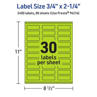 Avery Rectangle Multipurpose Labels, 0.75" x 2.25", Bright Green, 2400/Box (94216)