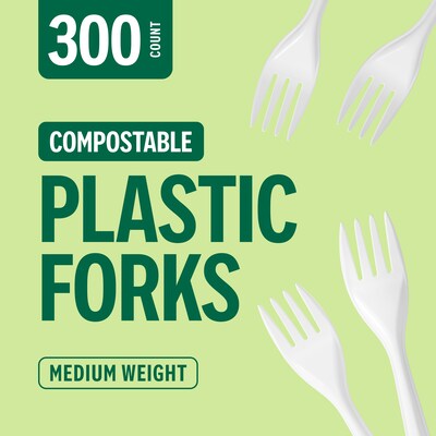 Perk™ Eco Compostable PLA Fork, Medium-Weight, White, 300/Pack (PK56201)