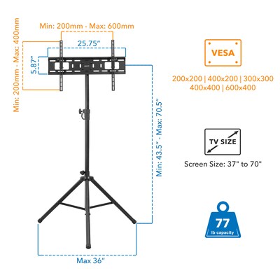 Mount-It! Metal Tripod TV Stand, Screens up to 70", Black (MI-874)